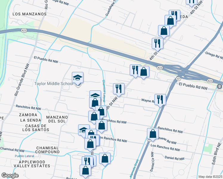 map of restaurants, bars, coffee shops, grocery stores, and more near 412 Ramsey Ln NW in Los Ranchos de Albuquerque