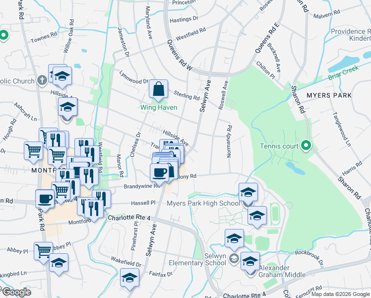 map of restaurants, bars, coffee shops, grocery stores, and more near in Charlotte