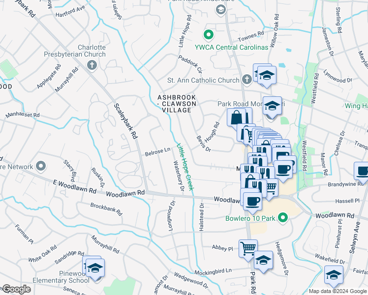 map of restaurants, bars, coffee shops, grocery stores, and more near 1119 Heather Lane in Charlotte