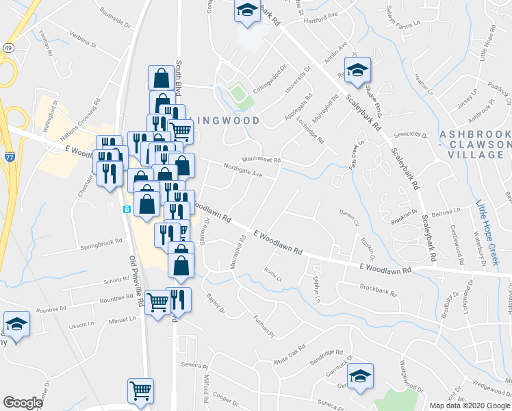map of restaurants, bars, coffee shops, grocery stores, and more near 4623 General Pershing Drive in Charlotte