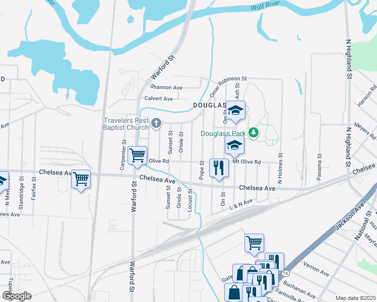 map of restaurants, bars, coffee shops, grocery stores, and more near 1610 Oriole Street in Memphis