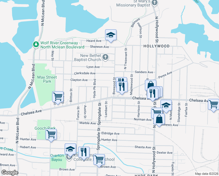 map of restaurants, bars, coffee shops, grocery stores, and more near 2251 Clayton Avenue in Memphis