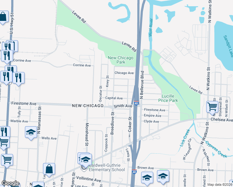 map of restaurants, bars, coffee shops, grocery stores, and more near 1338 Breedlove Street in Memphis