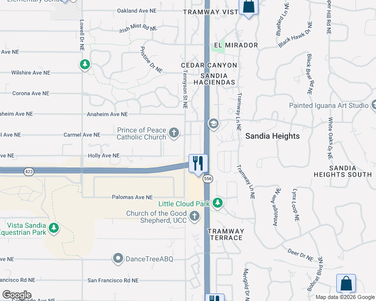 map of restaurants, bars, coffee shops, grocery stores, and more near 12621 Colony Place Northeast in Albuquerque