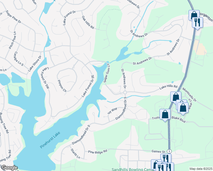 map of restaurants, bars, coffee shops, grocery stores, and more near 265 Sugar Gum Lane in Pinehurst