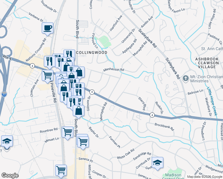 map of restaurants, bars, coffee shops, grocery stores, and more near 4623 General Pershing Drive in Charlotte