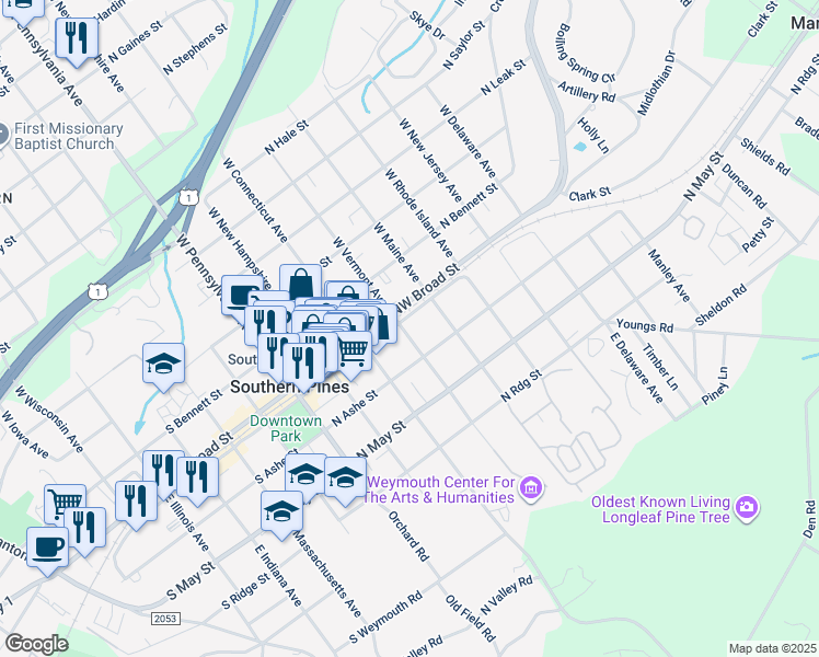map of restaurants, bars, coffee shops, grocery stores, and more near 115 East Vermont Avenue in Southern Pines