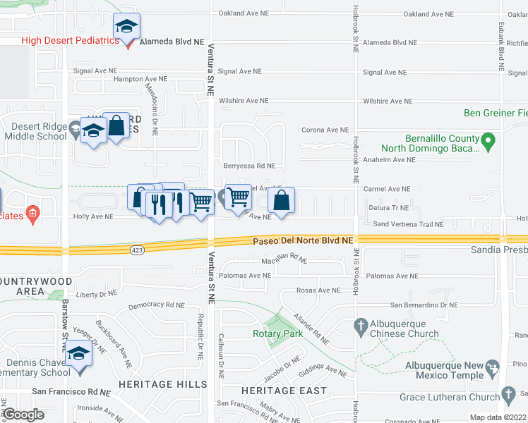 map of restaurants, bars, coffee shops, grocery stores, and more near 9208 Bluewood Lane Northeast in Albuquerque