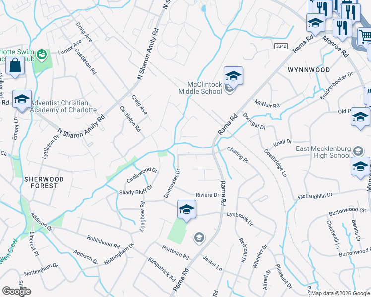 map of restaurants, bars, coffee shops, grocery stores, and more near 5600 Cottingham Lane in Charlotte