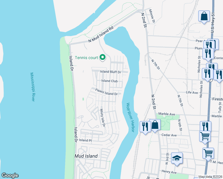 map of restaurants, bars, coffee shops, grocery stores, and more near 1310 Island Place East in Memphis