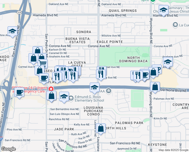 map of restaurants, bars, coffee shops, grocery stores, and more near 6940 Carmelito Loop Northeast in Albuquerque