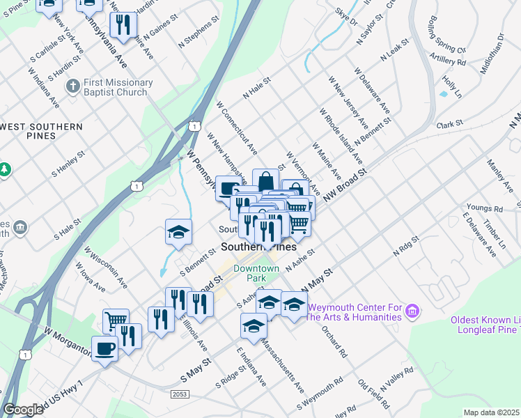 map of restaurants, bars, coffee shops, grocery stores, and more near 255 West New Hampshire Avenue in Southern Pines