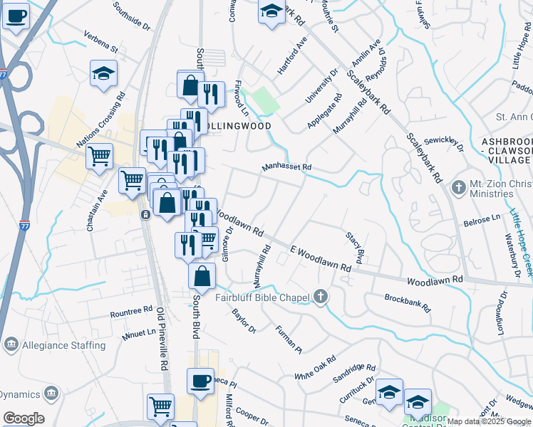 map of restaurants, bars, coffee shops, grocery stores, and more near 532 Manhasset Road in Charlotte