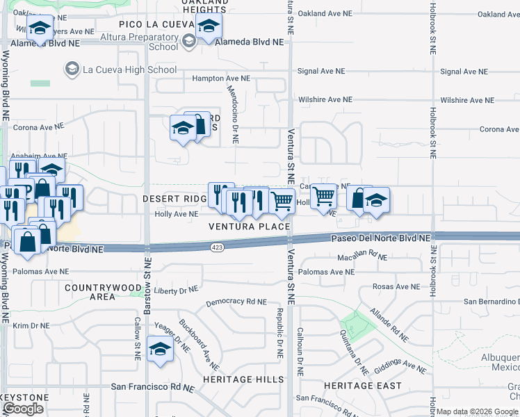 map of restaurants, bars, coffee shops, grocery stores, and more near 8901 Holly Avenue Northeast in Albuquerque