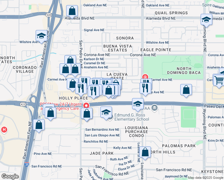 map of restaurants, bars, coffee shops, grocery stores, and more near 8216 Ville Court Northeast in Albuquerque