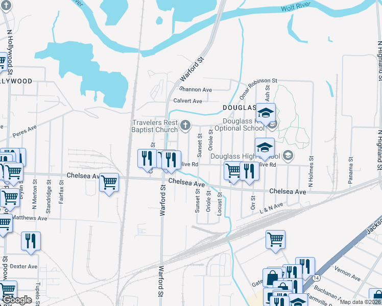 map of restaurants, bars, coffee shops, grocery stores, and more near 1607 Sunset Street in Memphis