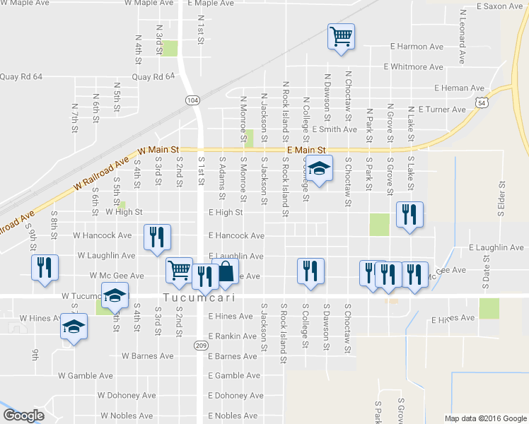map of restaurants, bars, coffee shops, grocery stores, and more near 398 South Jackson Street in Tucumcari