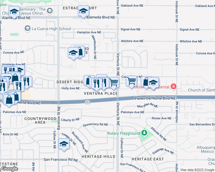 map of restaurants, bars, coffee shops, grocery stores, and more near 8901 Holly Avenue Northeast in Albuquerque