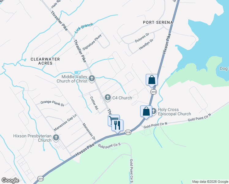 map of restaurants, bars, coffee shops, grocery stores, and more near 1927 Thrasher Pike in Middle Valley