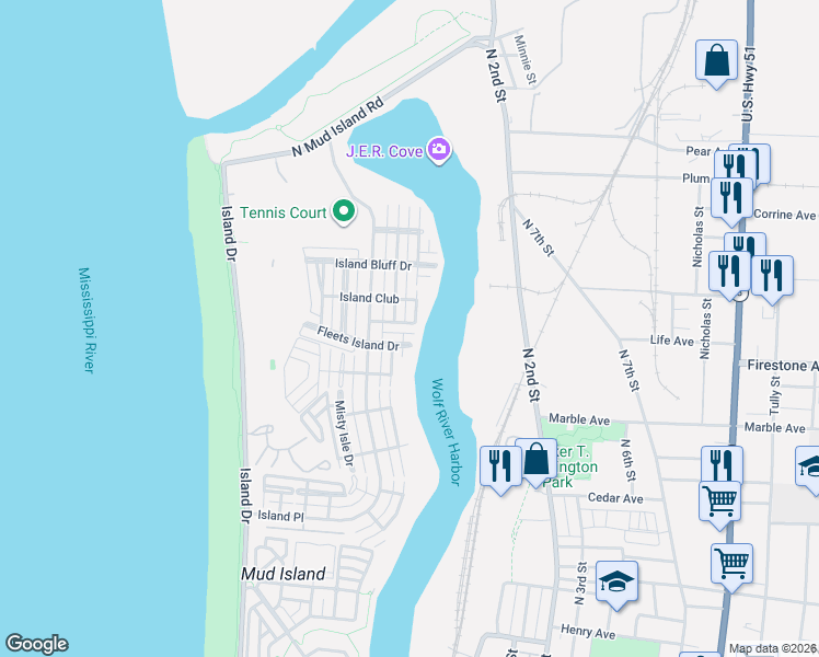 map of restaurants, bars, coffee shops, grocery stores, and more near 1331 Island Ridge Drive in Memphis