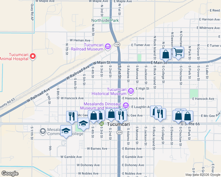 map of restaurants, bars, coffee shops, grocery stores, and more near 101 East High Street in Tucumcari