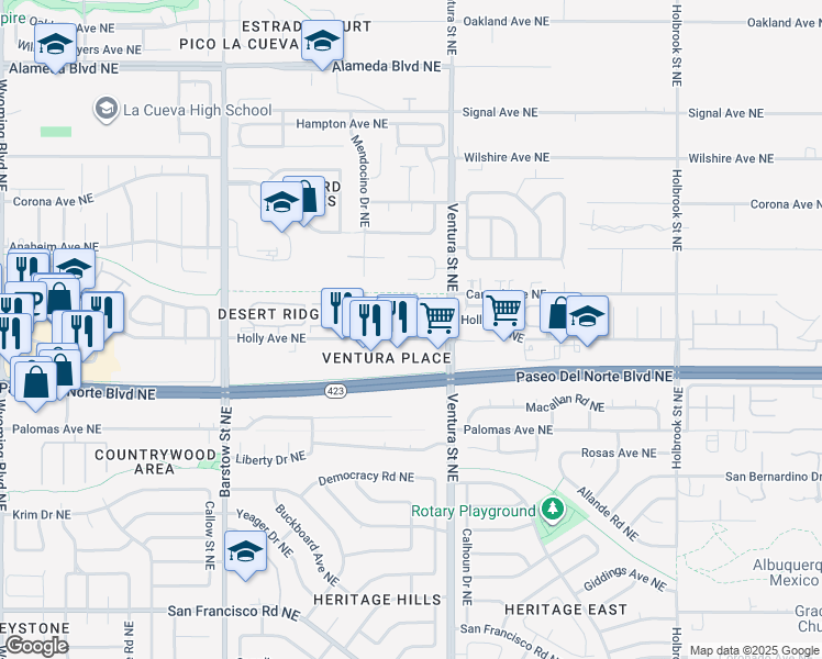 map of restaurants, bars, coffee shops, grocery stores, and more near 8912 Desert Fox Way Northeast in Albuquerque