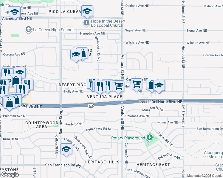 map of restaurants, bars, coffee shops, grocery stores, and more near 8912 Desert Fox Way Northeast in Albuquerque