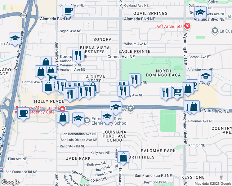 map of restaurants, bars, coffee shops, grocery stores, and more near 6940 Carmelito Loop Northeast in Albuquerque