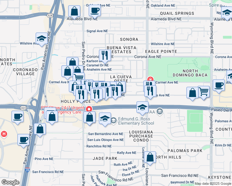 map of restaurants, bars, coffee shops, grocery stores, and more near 8216 Ville Court Northeast in Albuquerque