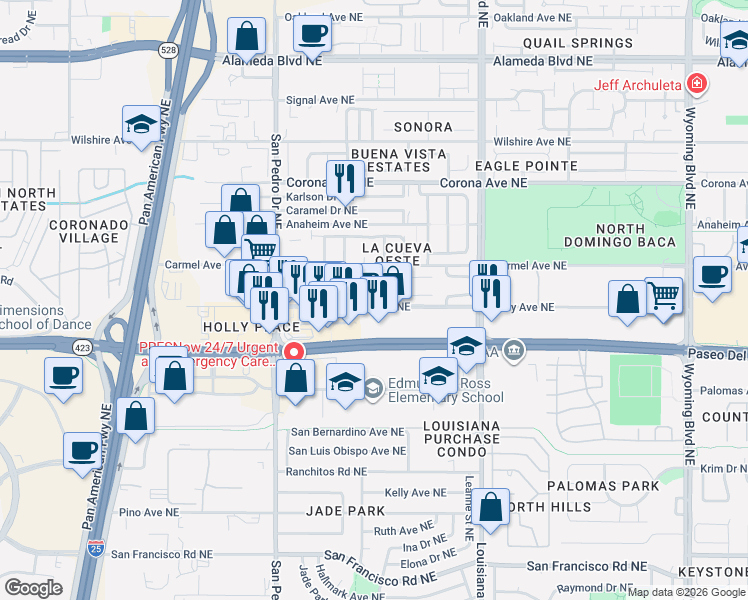 map of restaurants, bars, coffee shops, grocery stores, and more near 8216 Ville Court Northeast in Albuquerque