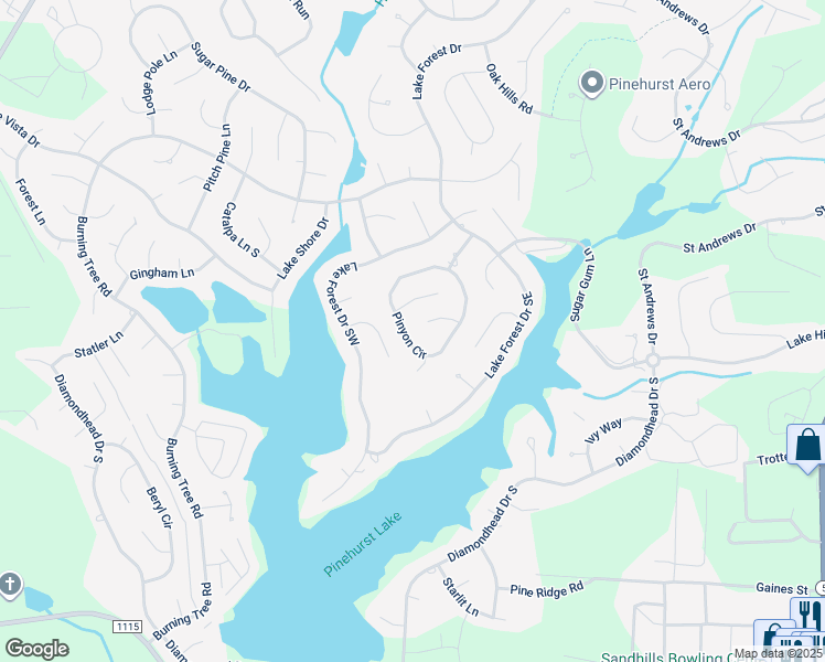 map of restaurants, bars, coffee shops, grocery stores, and more near 160 Pinyon Circle in Pinehurst