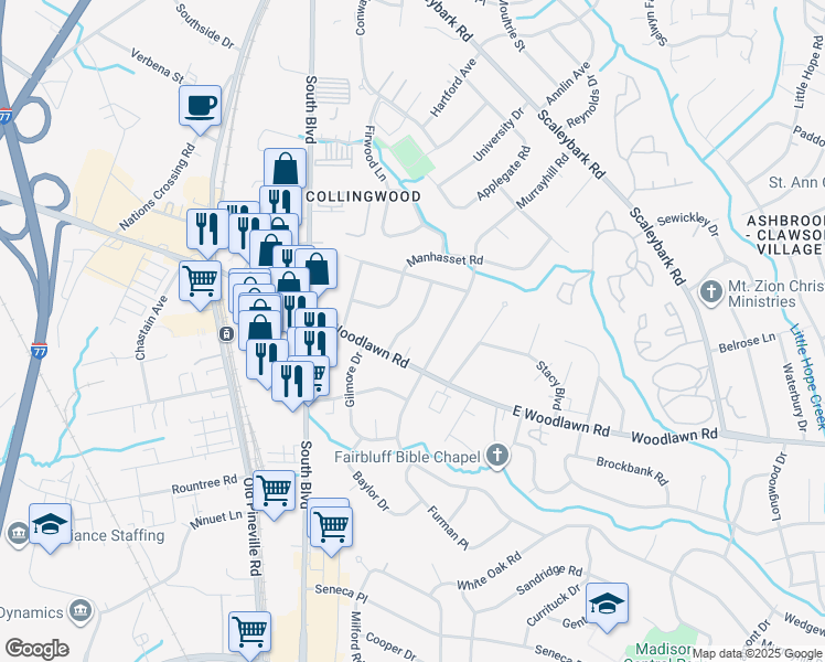 map of restaurants, bars, coffee shops, grocery stores, and more near 532 Manhasset Road in Charlotte
