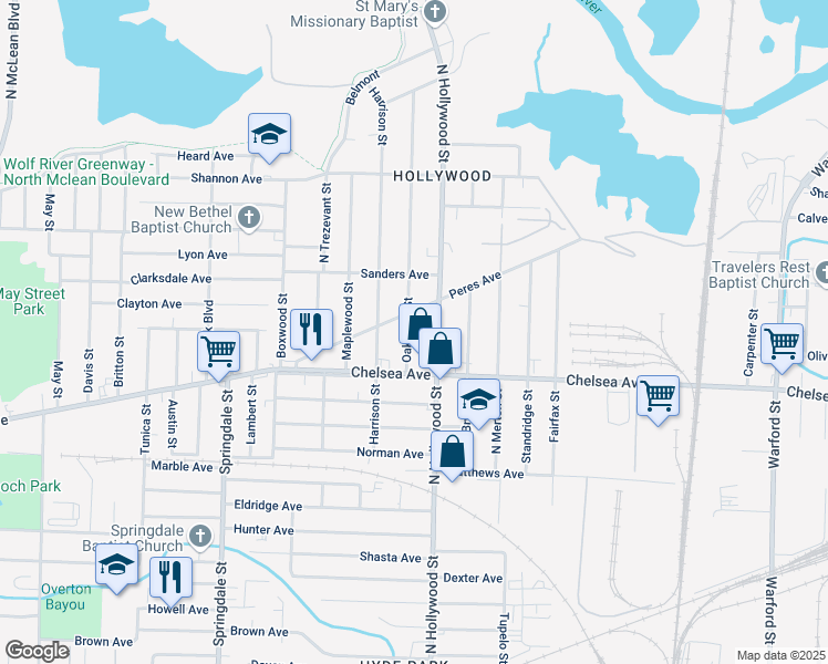 map of restaurants, bars, coffee shops, grocery stores, and more near 2429 Peres Avenue in Memphis
