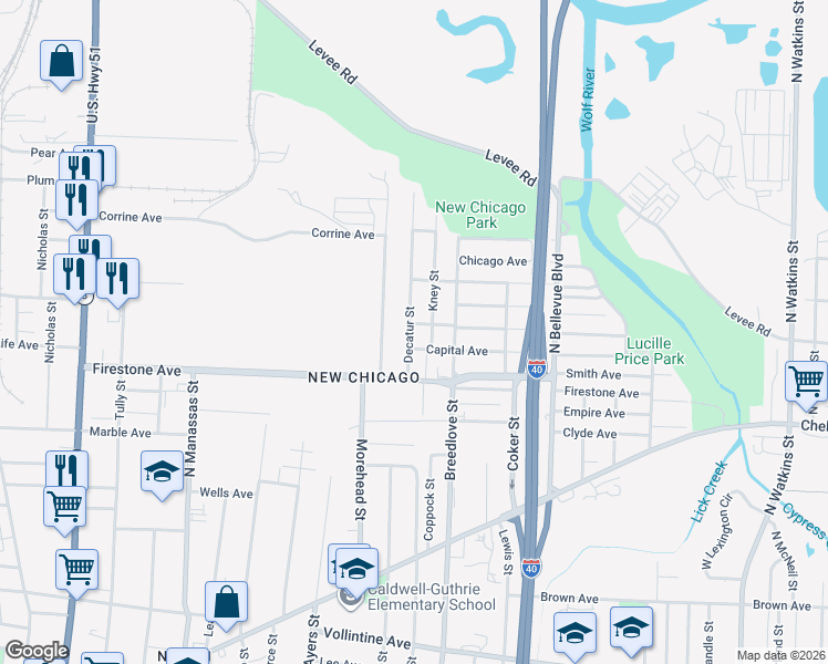 map of restaurants, bars, coffee shops, grocery stores, and more near 1339 Kney Street in Memphis