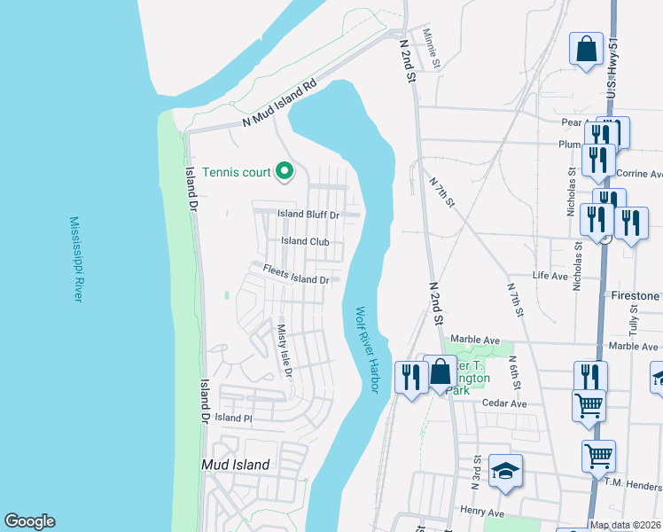 map of restaurants, bars, coffee shops, grocery stores, and more near 1329 Island Town Drive in Memphis