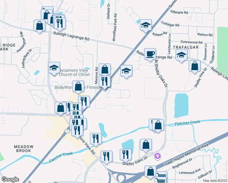 map of restaurants, bars, coffee shops, grocery stores, and more near 6015 Summer Trace Drive in Memphis