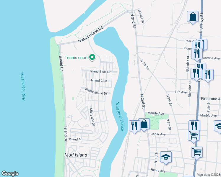 map of restaurants, bars, coffee shops, grocery stores, and more near 279 Island Village Drive in Memphis