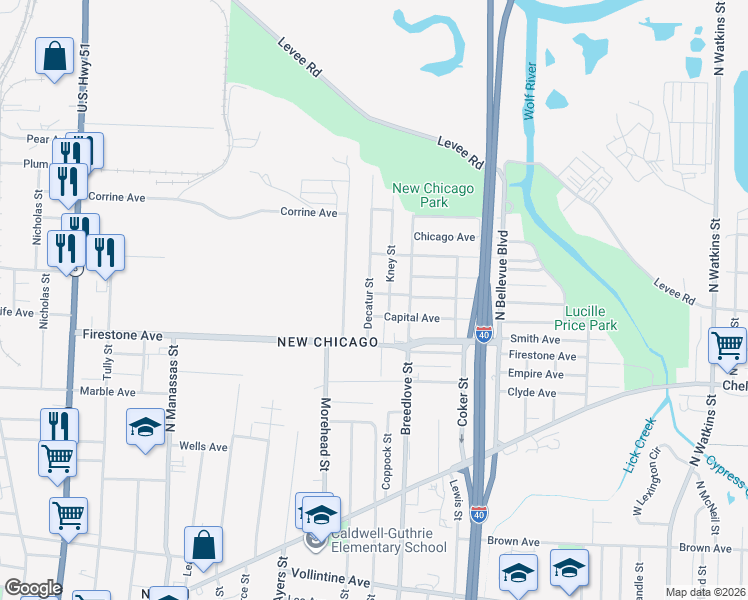 map of restaurants, bars, coffee shops, grocery stores, and more near 1339 Kney Street in Memphis