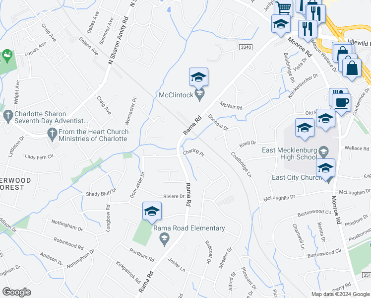 map of restaurants, bars, coffee shops, grocery stores, and more near 5809 Charing Place in Charlotte