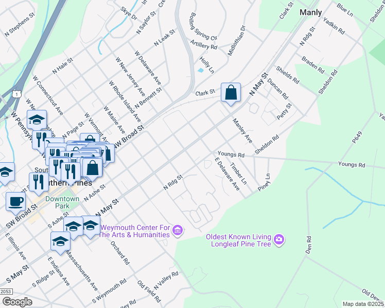 map of restaurants, bars, coffee shops, grocery stores, and more near 745 North May Street in Southern Pines