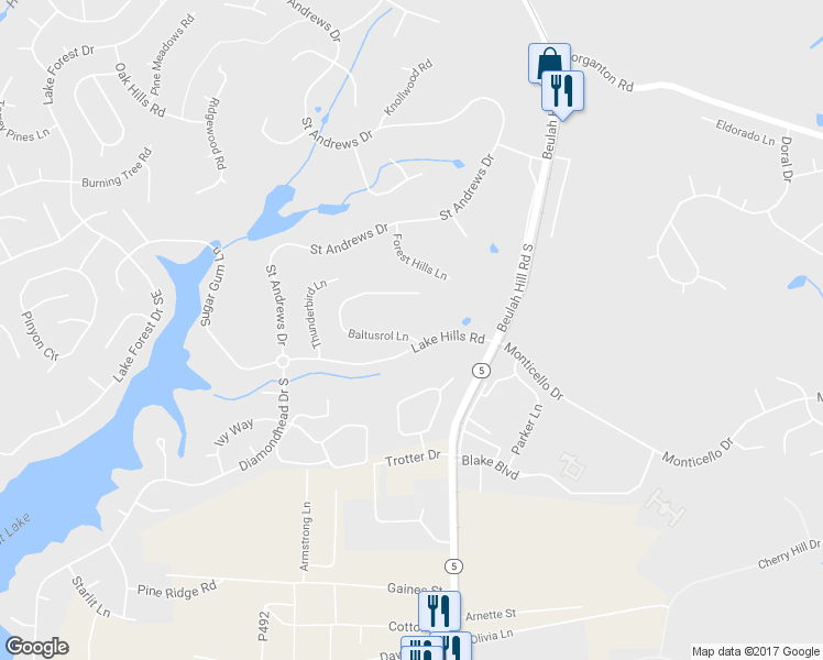 map of restaurants, bars, coffee shops, grocery stores, and more near 10 Baltusrol Lane in Pinehurst