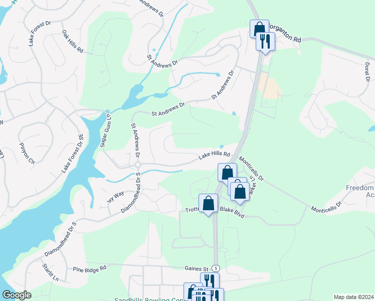 map of restaurants, bars, coffee shops, grocery stores, and more near 30 Baltusrol Lane in Pinehurst