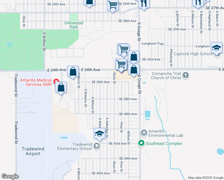 map of restaurants, bars, coffee shops, grocery stores, and more near 3604 Ross Street in Amarillo