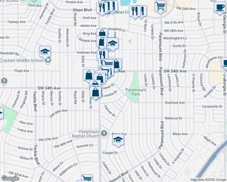 map of restaurants, bars, coffee shops, grocery stores, and more near 3500 Lometa Drive in Amarillo