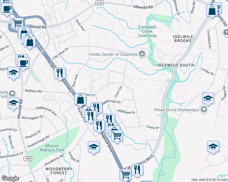 map of restaurants, bars, coffee shops, grocery stores, and more near 7512 Wallace Lane in Charlotte