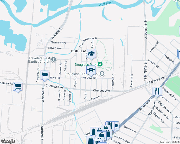 map of restaurants, bars, coffee shops, grocery stores, and more near 1616 Ash Street in Memphis