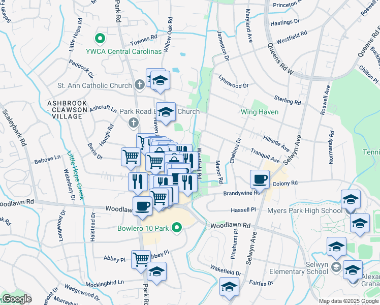 map of restaurants, bars, coffee shops, grocery stores, and more near 3927 Arbor Lane in Charlotte