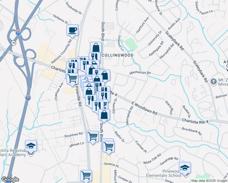 map of restaurants, bars, coffee shops, grocery stores, and more near 4641 Connecting Road in Charlotte