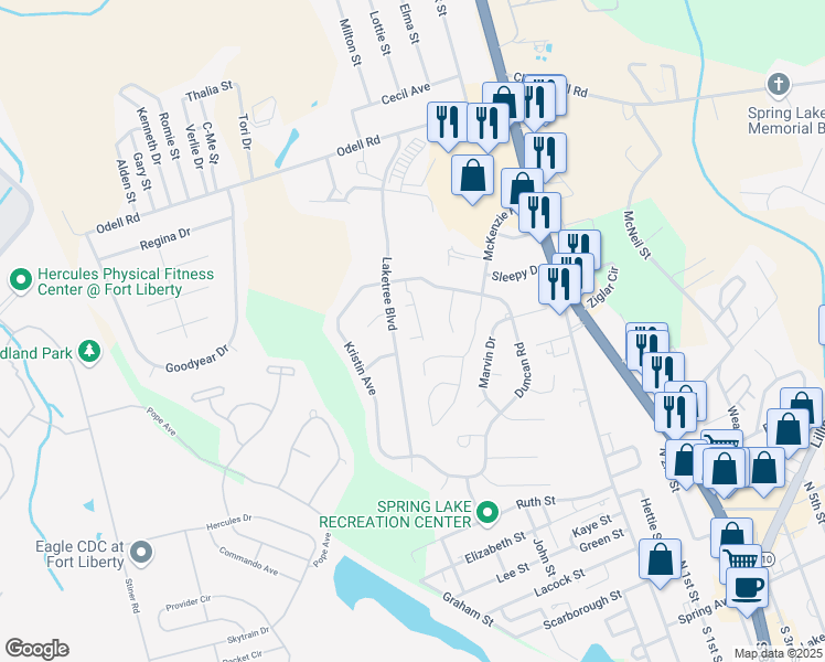 map of restaurants, bars, coffee shops, grocery stores, and more near 415 Tolbert Court in Spring Lake