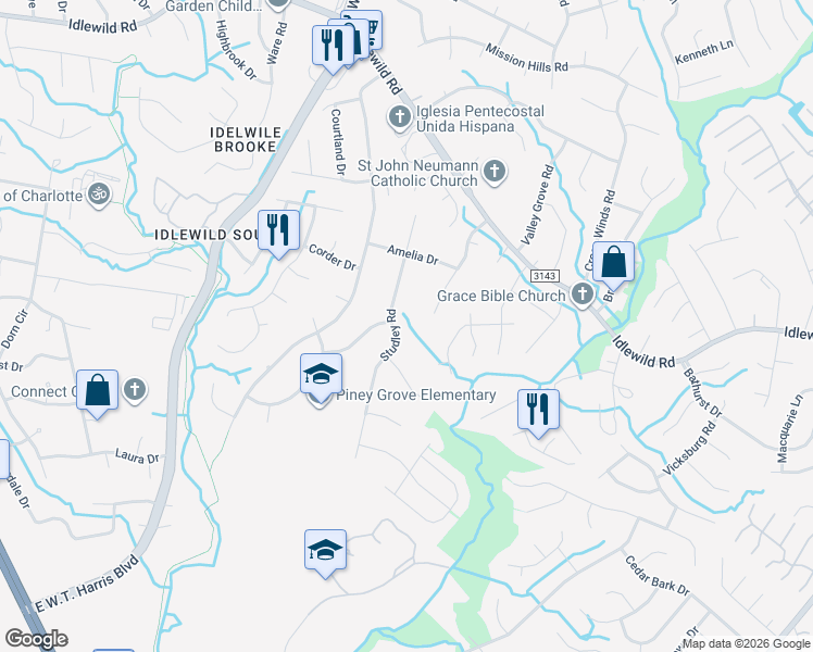 map of restaurants, bars, coffee shops, grocery stores, and more near 3017 Cresthill Drive in Charlotte